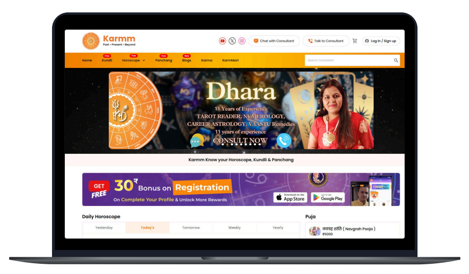Karmm Dhara astrology web platform — horoscope and puja booking dashboard