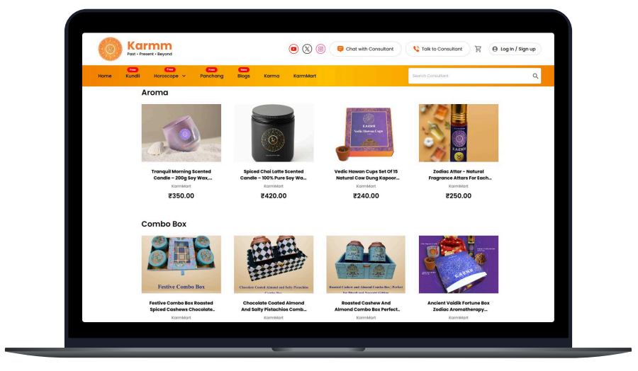 Karmm Aroma wellness e-commerce store — product and combo-pack grid