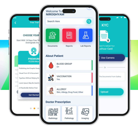 Niroghyam health and emergency app — records and one-touch SOS screen